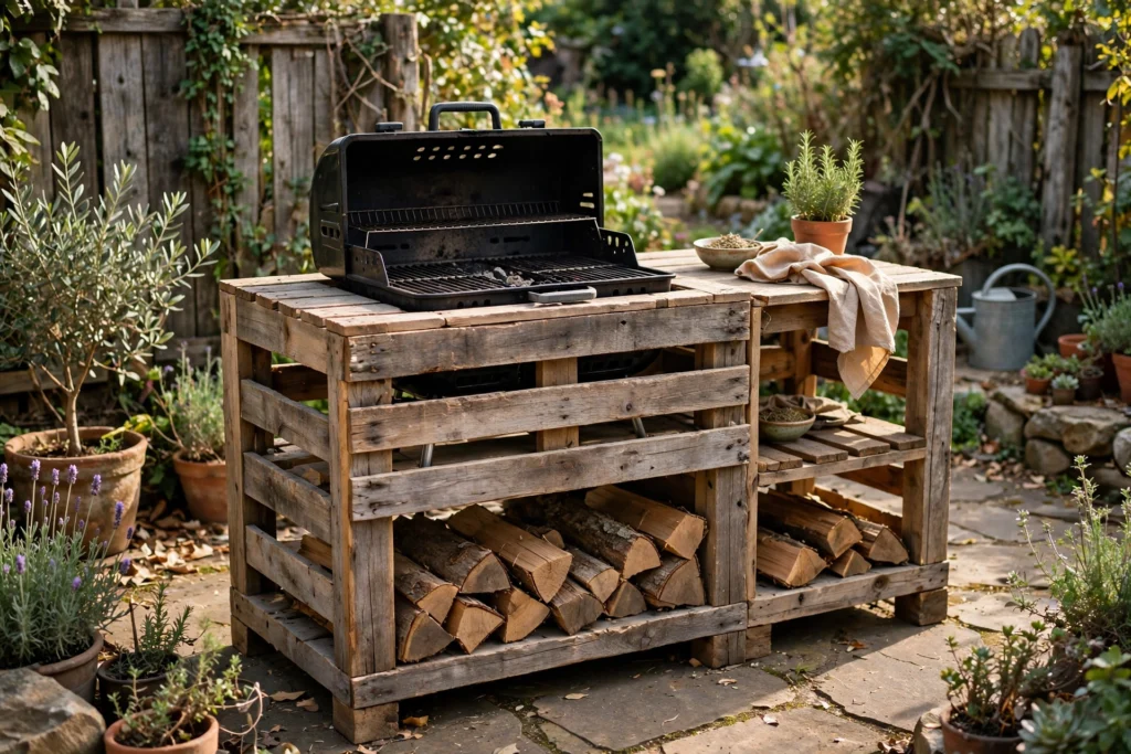 DIY pallet-wood outdoor cooking station frame