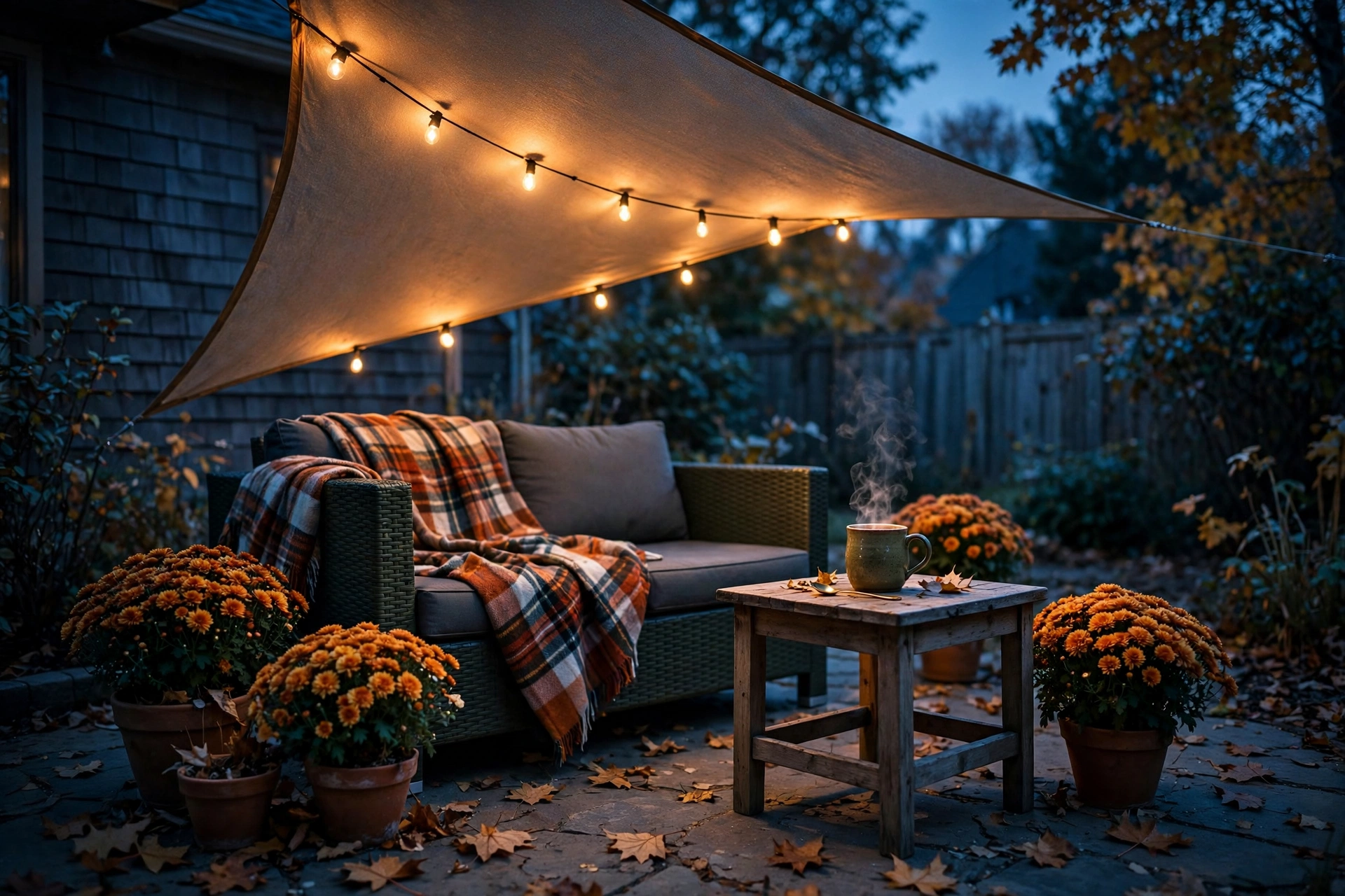 Covered patio ideas for small backyard: small covered patio with shade sail and string lights glowing at dusk