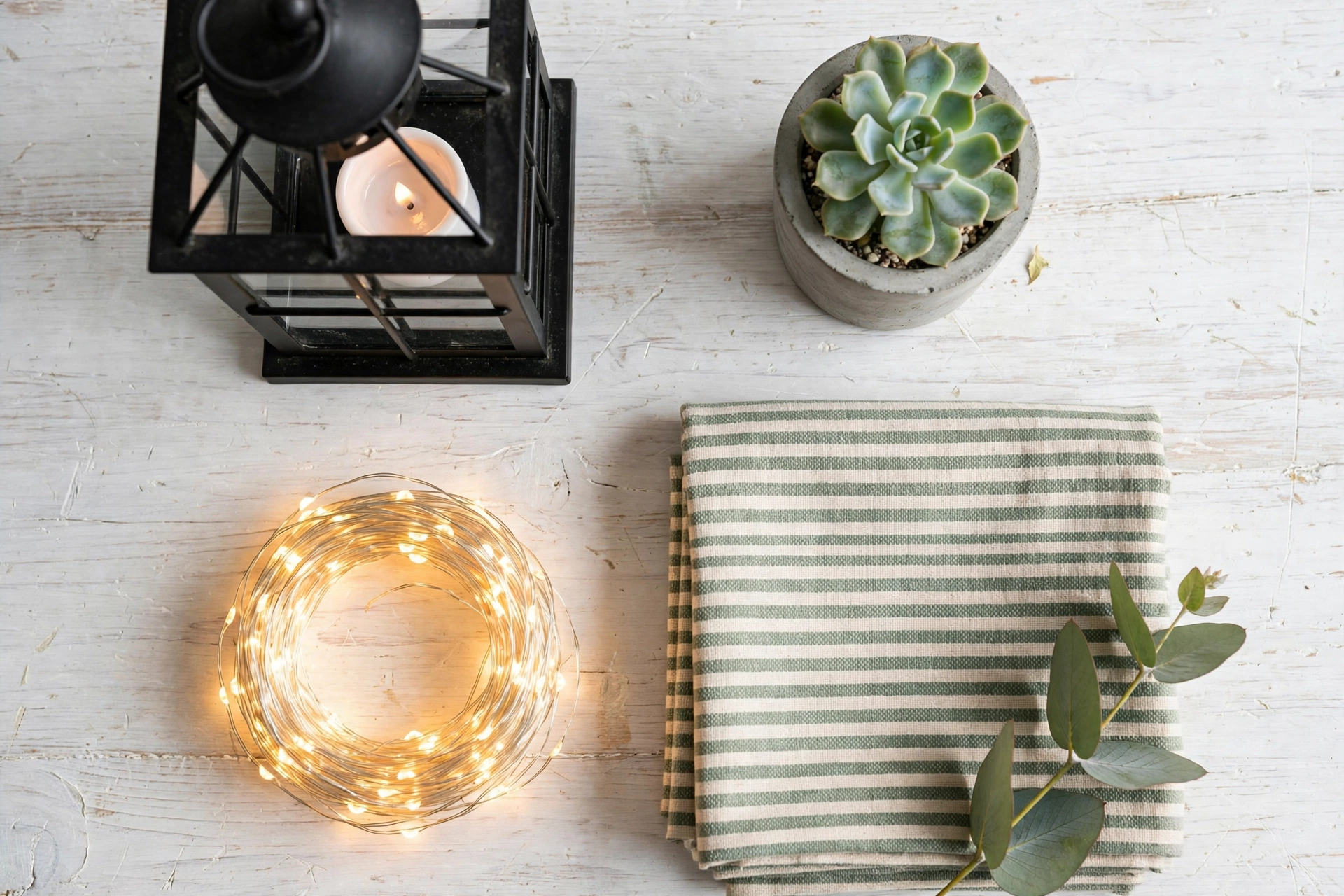 Flat lay of small patio decor: lantern, succulent, striped textile and string lights