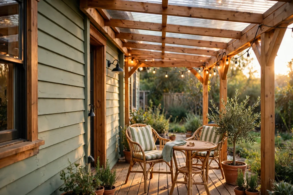 Small covered patio attached to house with pergola, bistro set and string lights at golden hour