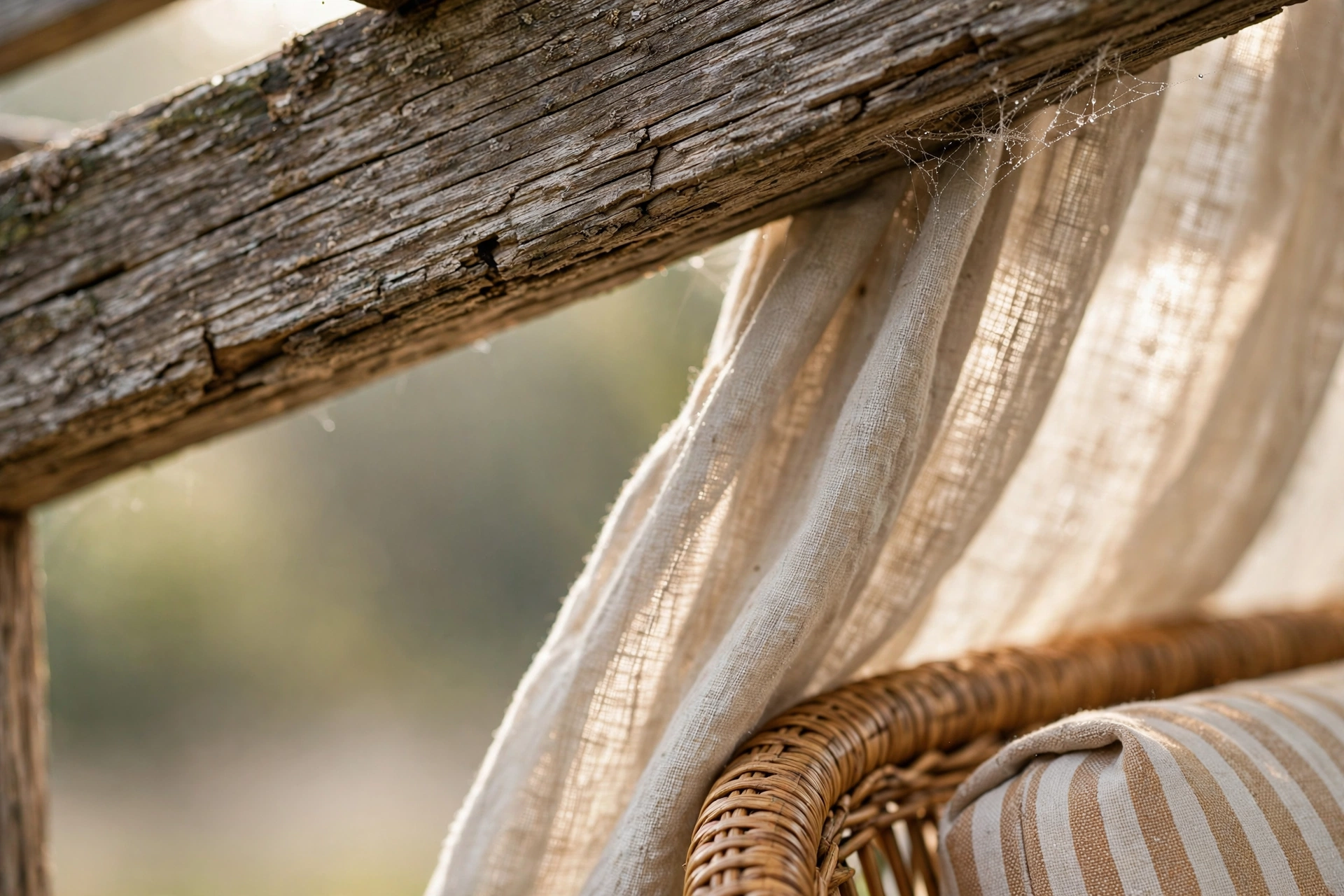 Close-up of cedar pergola beam and outdoor cushion texture on small covered patio
