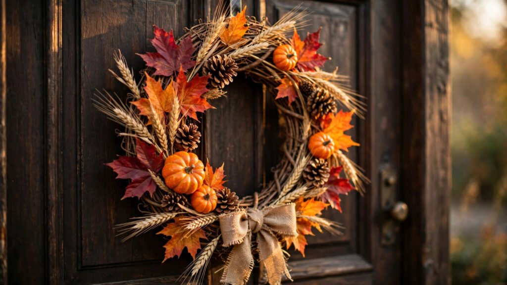 Handmade fall wreath with orange leaves, pinecones and burlap bow on a front door