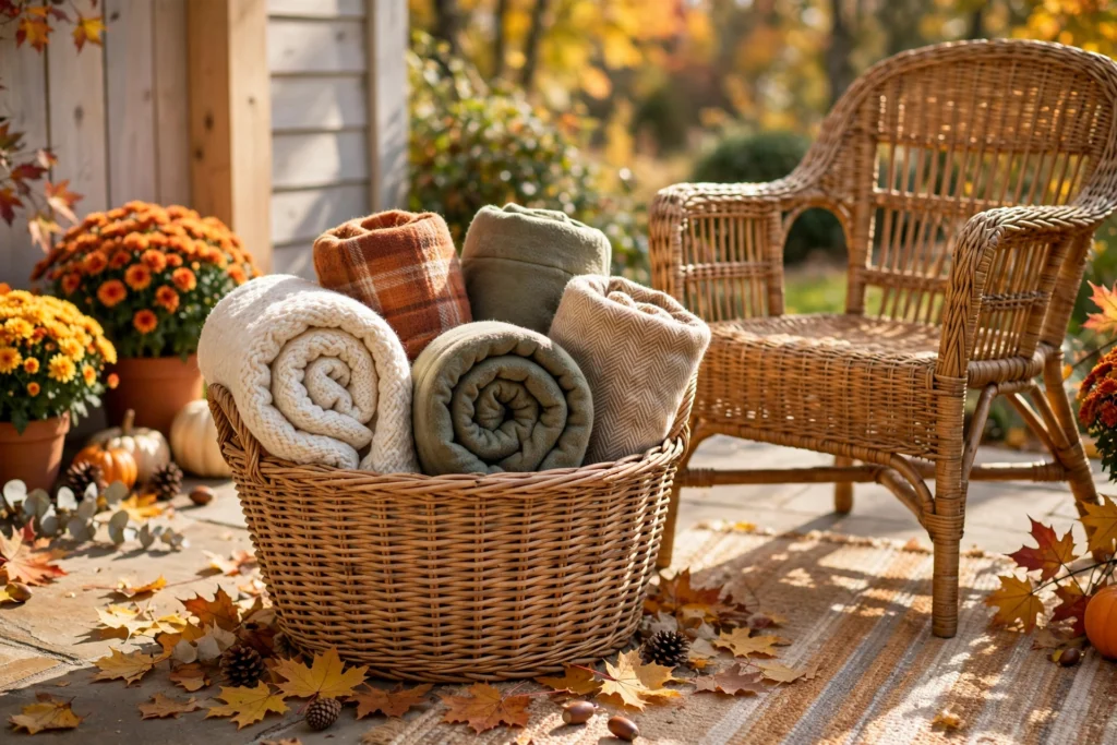 Woven basket of cozy blankets on a fall patio — cozy fall patio decor