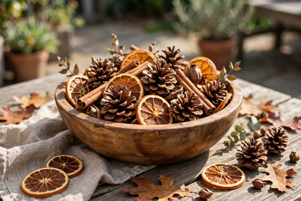 Cinnamon pinecone bowls as fall table decor — cozy fall patio decor