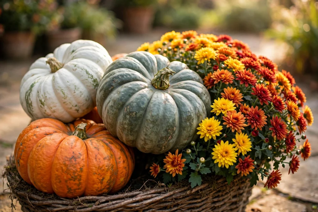 Mixed pumpkin clusters with mums — cozy fall patio decor