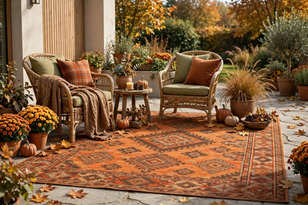 Fall-toned outdoor rug in burnt orange — cozy fall patio decor