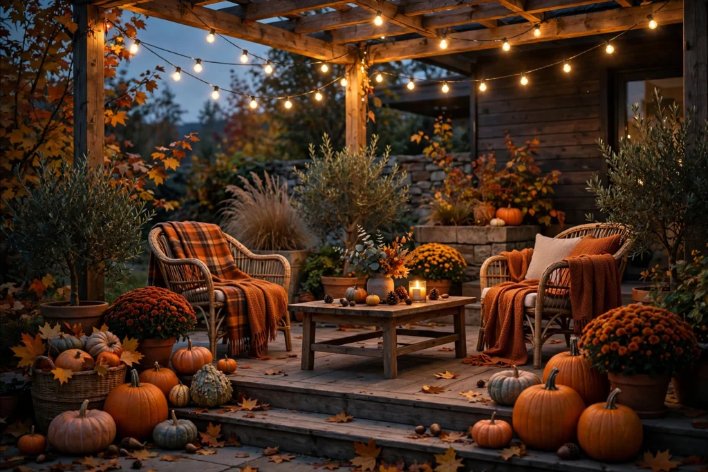 Warm string lights on a fall patio at dusk — cozy fall patio decor