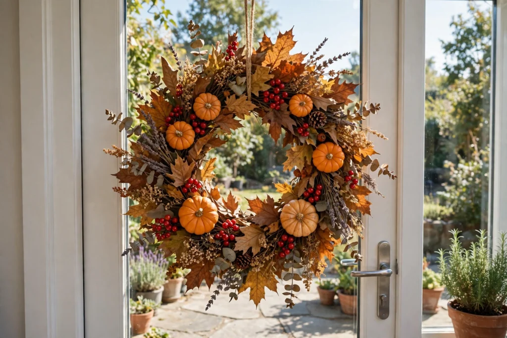 DIY fall wreath with leaves and mini pumpkins — cozy fall patio decor