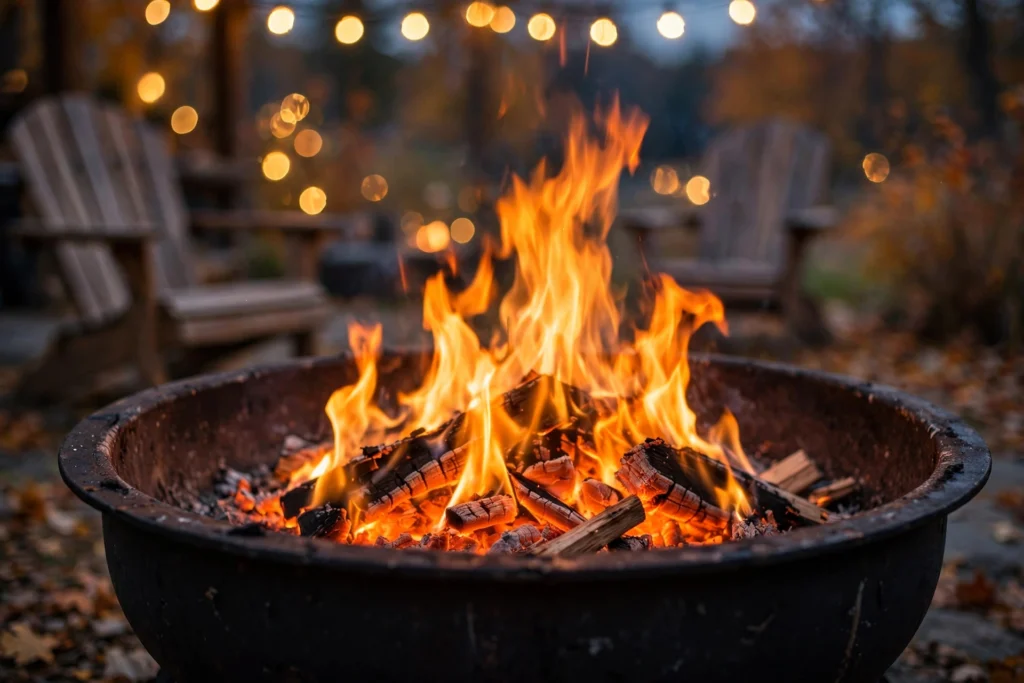 Close-up of glowing flames in a steel fire pit bowl at dusk with string lights