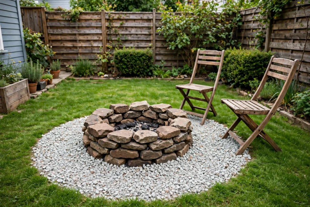 DIY stacked stone fire pit ideas for small backyards with wooden chairs