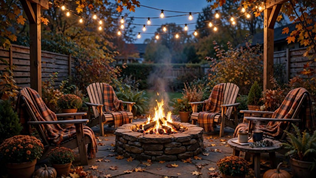 Round stone fire pit glowing in a cozy small backyard at dusk with string lights
