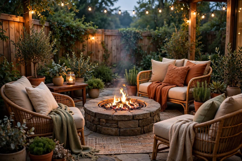Fire pit focal point with seating — cozy outdoor living space ideas