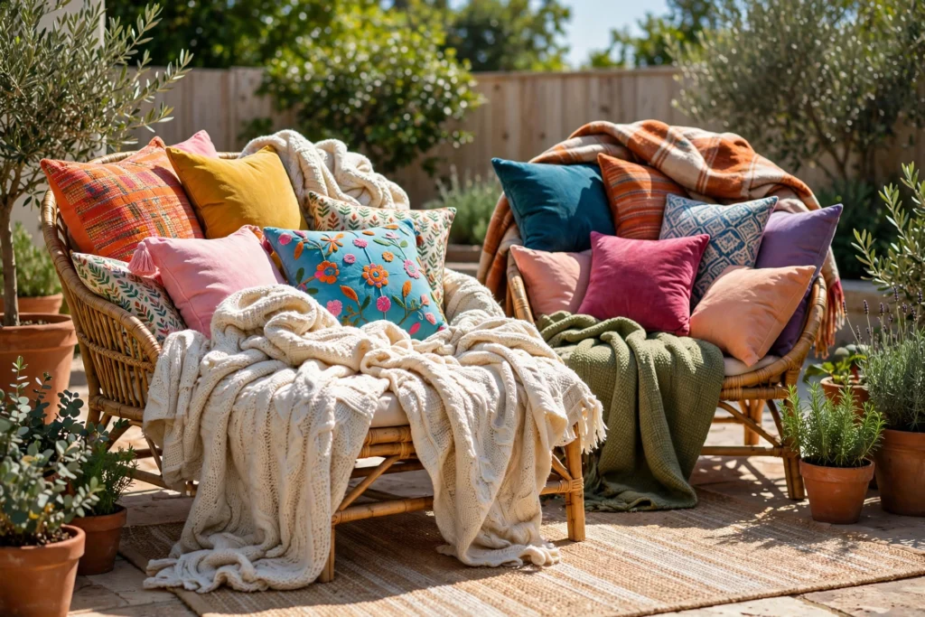 Pile on Pillows and Throws — cozy outdoor living space ideas