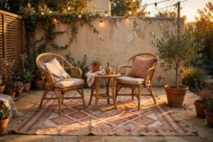 Small patio with patterned outdoor rug anchoring a bistro set at golden hour