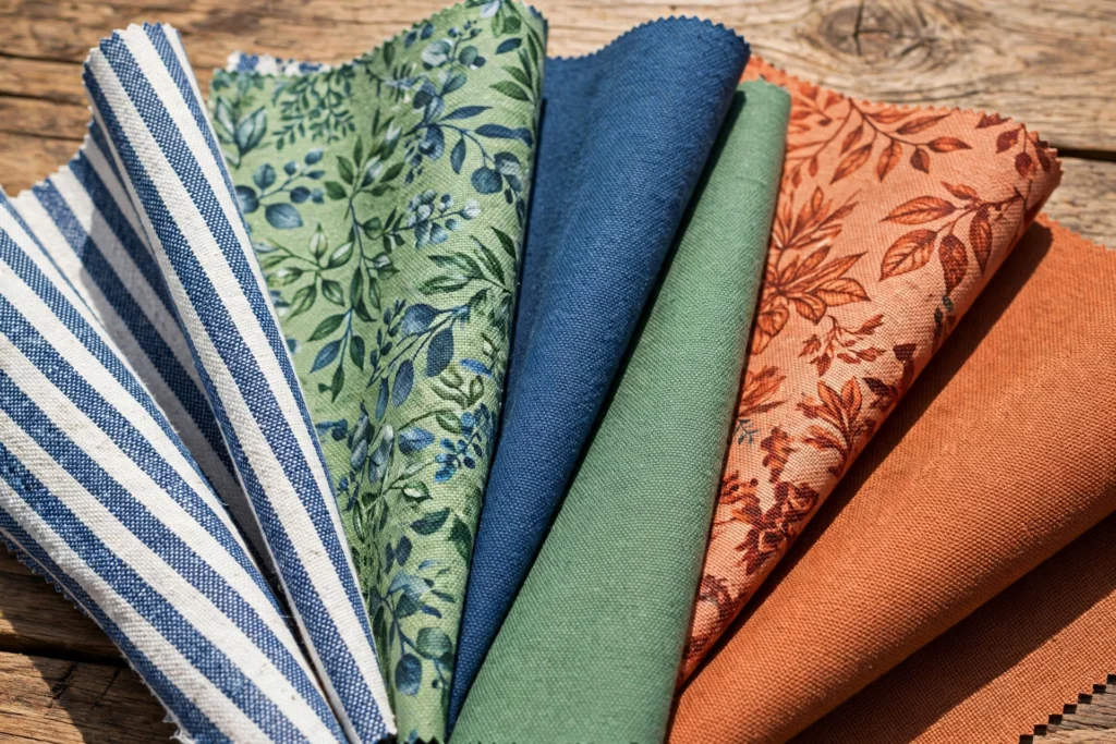 Close-up of weatherproof outdoor fabric swatches for DIY pillow covers