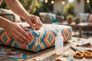 Hands making no-sew DIY outdoor pillow covers on a sunny patio