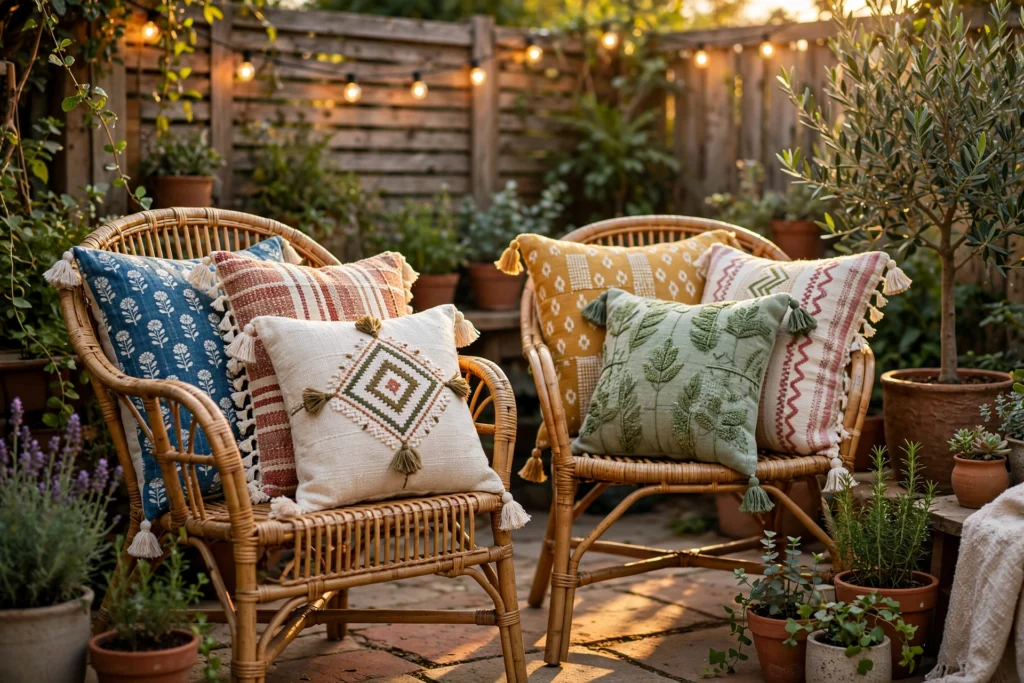 Finished DIY outdoor pillow covers styled on patio chairs