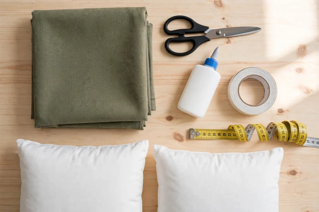 Flat lay of no-sew pillow cover supplies with fabric glue and scissors