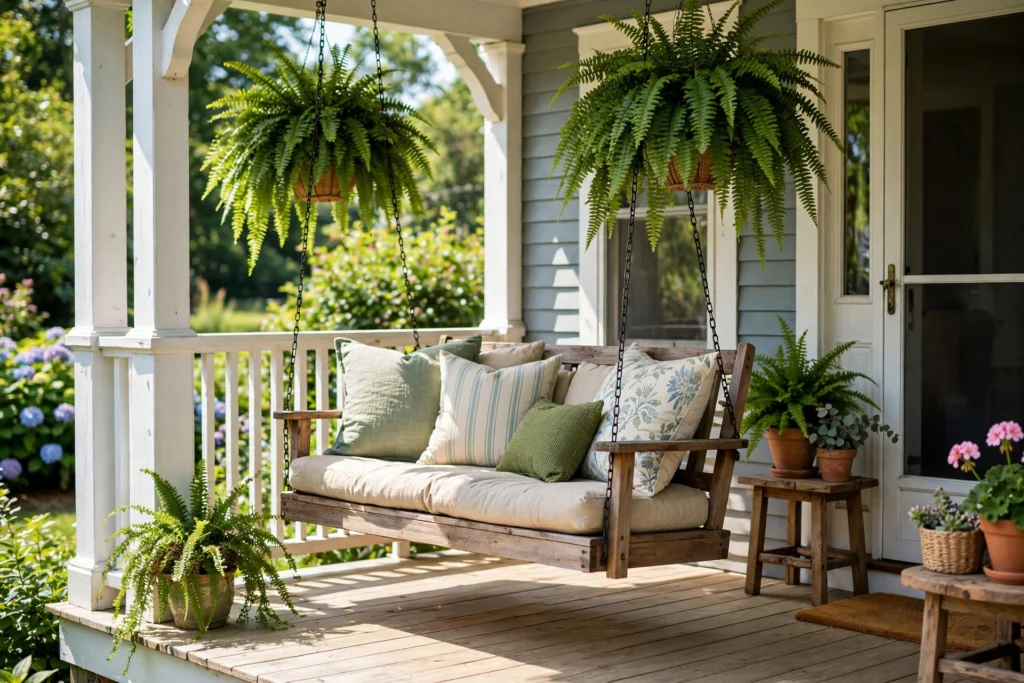 Wooden porch swing as the focal point of the space