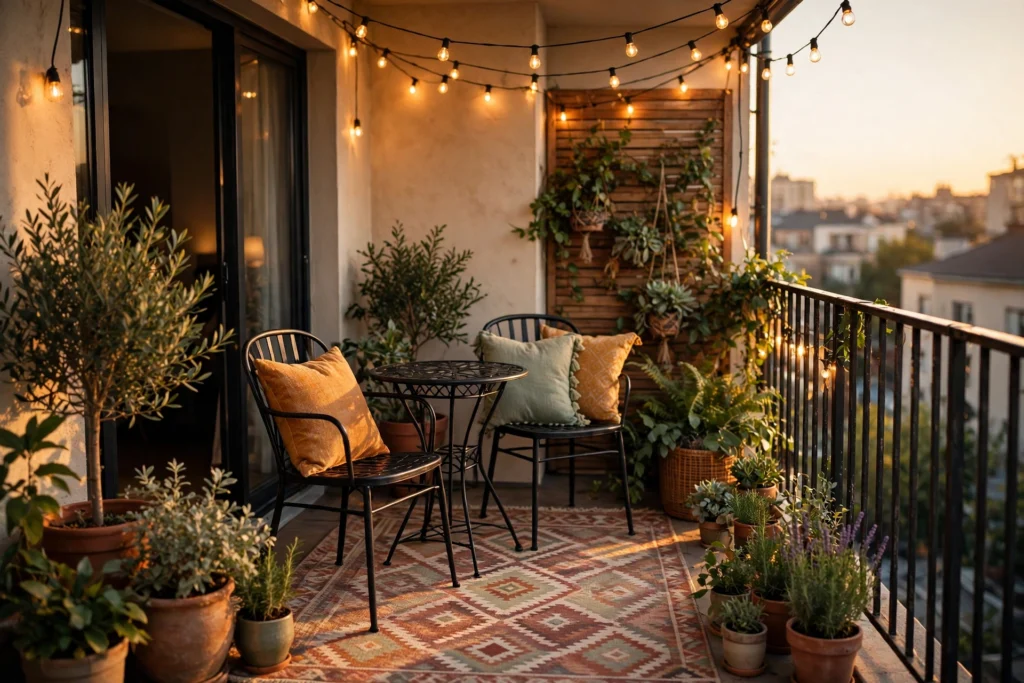 Small balcony patio decor ideas — cozy apartment balcony with bistro set, string lights, plants and outdoor rug