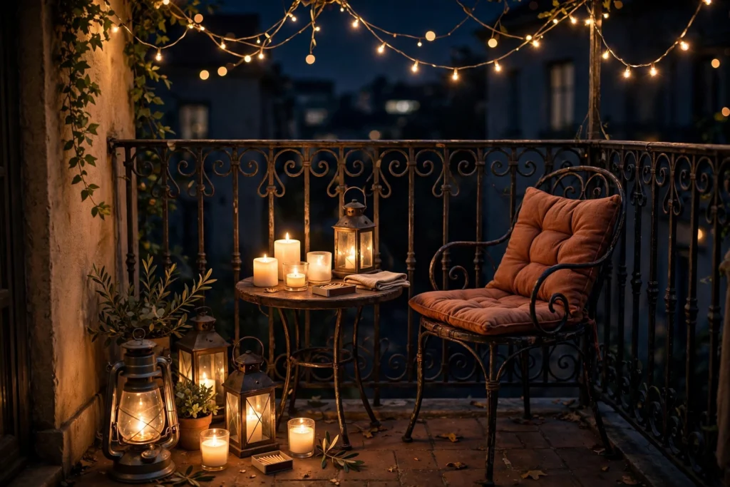 Evening lighting with lanterns on a small balcony patio