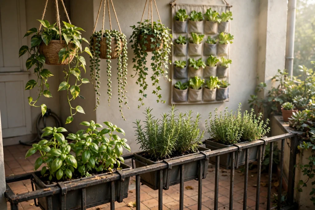 Vertical garden ideas for a small balcony — railing planters and hanging baskets