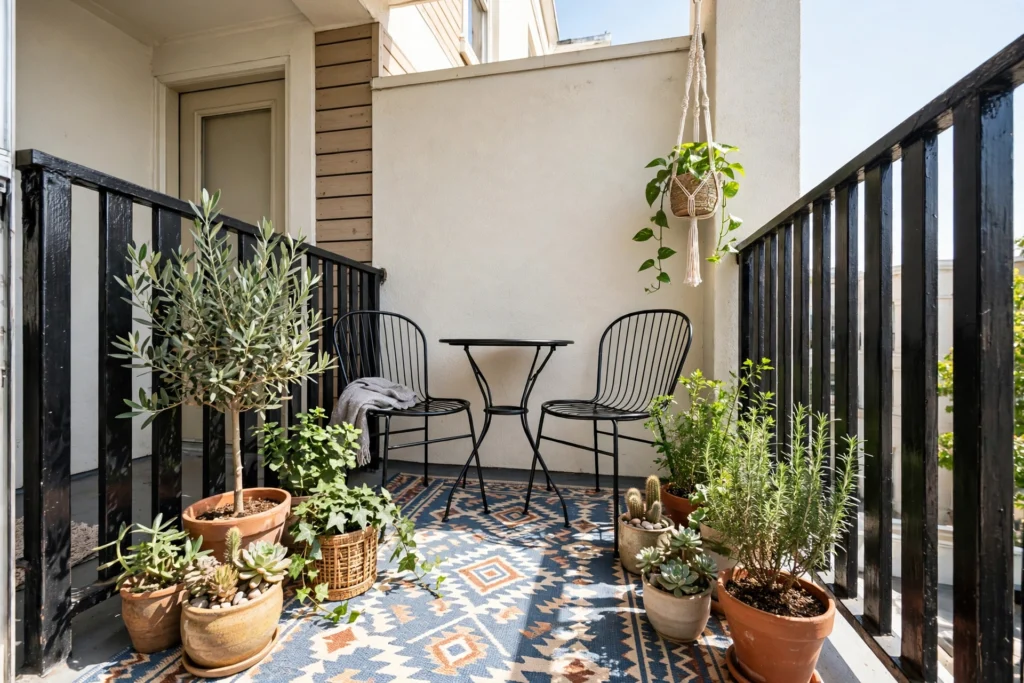 Outdoor rug anchoring a small balcony seating area — small balcony patio decor ideas