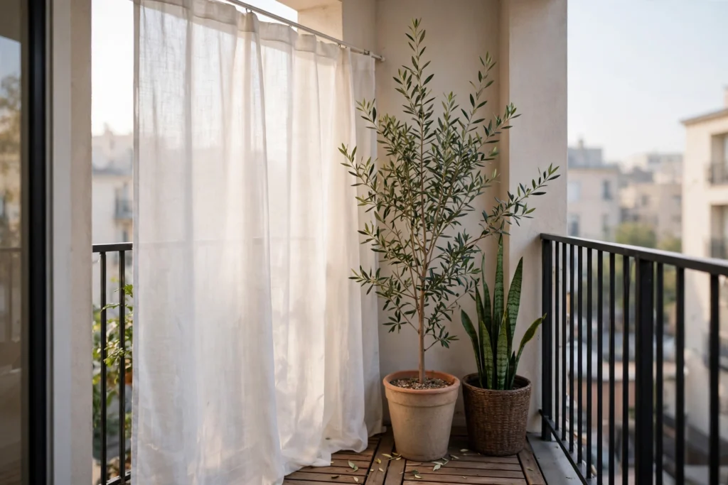 Outdoor curtain panel for small balcony privacy — renter-friendly balcony ideas