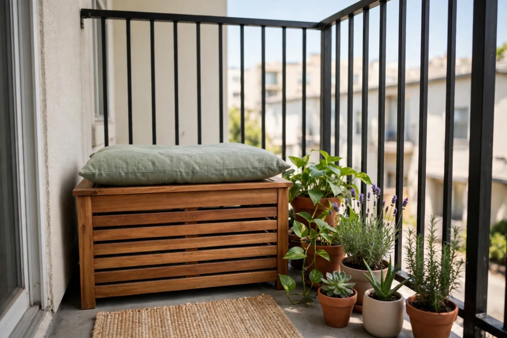 Double-duty storage bench seating for a small balcony