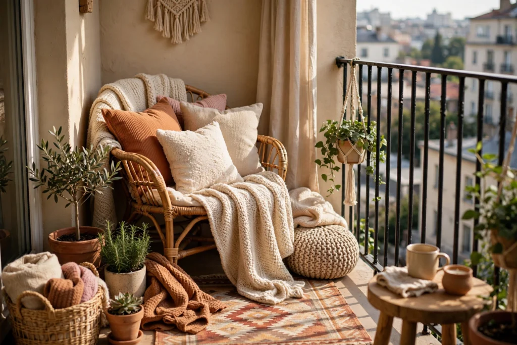 Bring the indoors out — cozy textiles on a small apartment balcony
