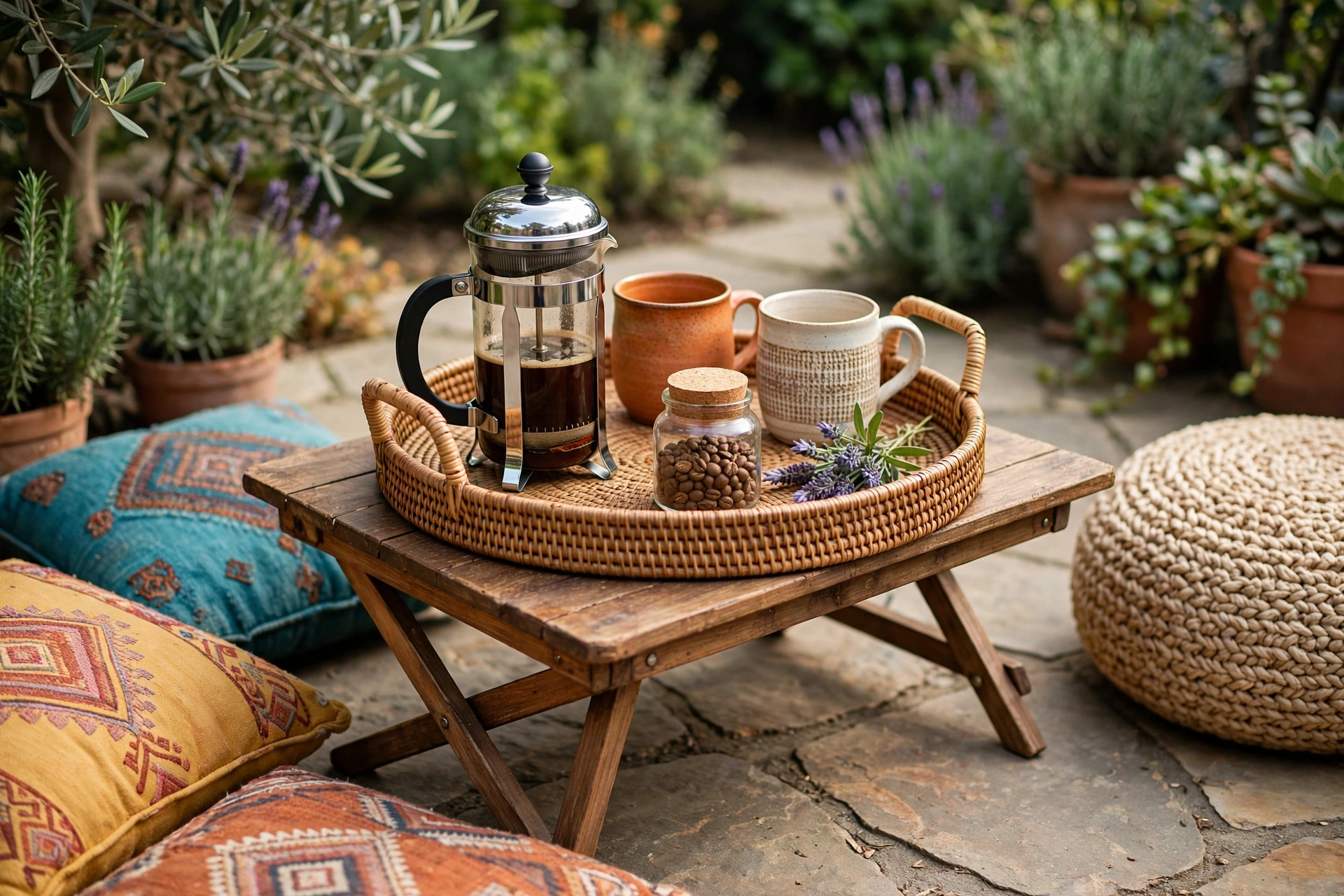 Boho rattan tray with French press and mugs as a portable outdoor coffee bar