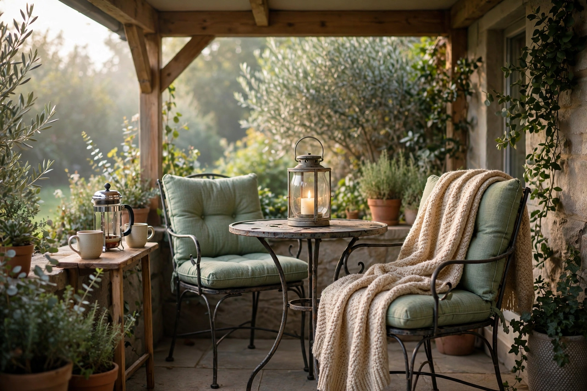 Cozy corner breakfast nook with bistro table and outdoor coffee bar setup