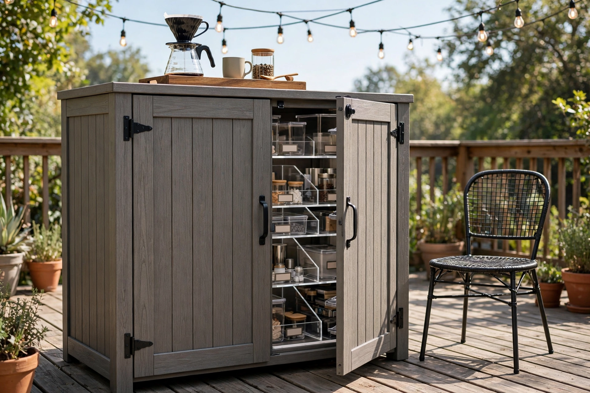 Weatherproof outdoor storage cabinet as a patio coffee bar - outdoor coffee bar ideas patio