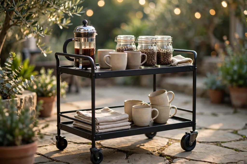 rolling metal bar cart styled as outdoor coffee station with pour-over setup, glass canisters and mugs on small patio
