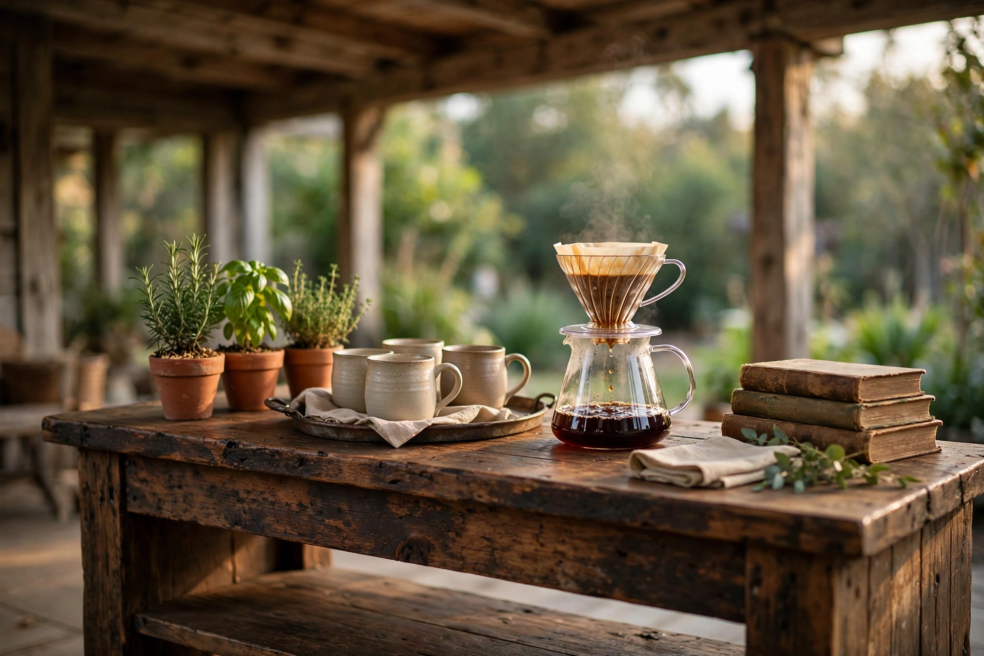Repurposed wooden console table coffee bar on a covered porch patio
