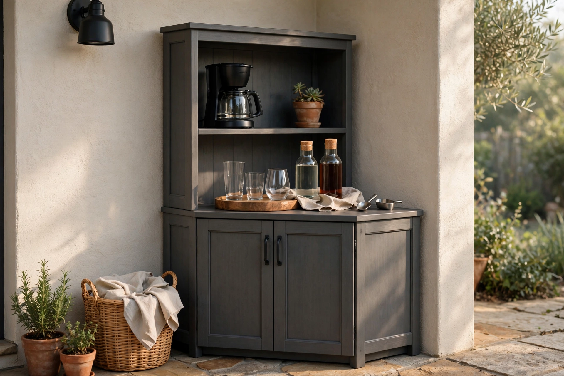 Outdoor coffee and cocktail station cabinet on a patio against the house wall