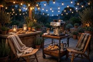 small patio morning coffee scene with compact outdoor coffee bar station, pour-over kettle and mugs on wooden surface, string lights blurred in background