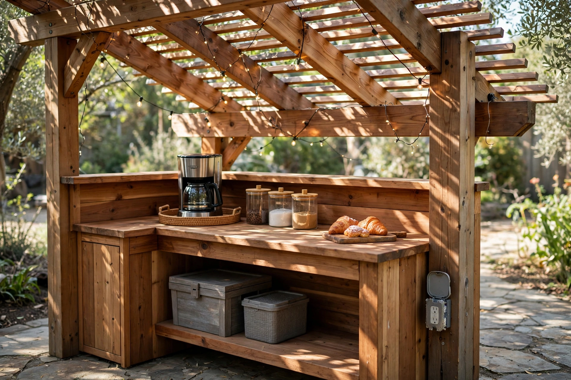 Built-in wooden coffee bar counter under a cedar pergola - outdoor coffee bar ideas patio