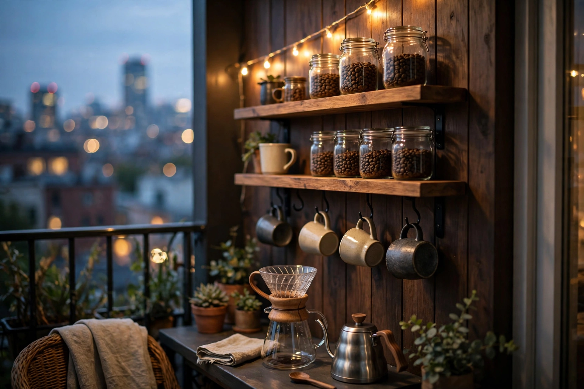 Wall-mounted floating shelves as a compact outdoor coffee bar on a small balcony