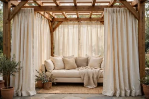 outdoor curtains on tension rod spanning apartment balcony railing, sheer white fabric, city view beyond