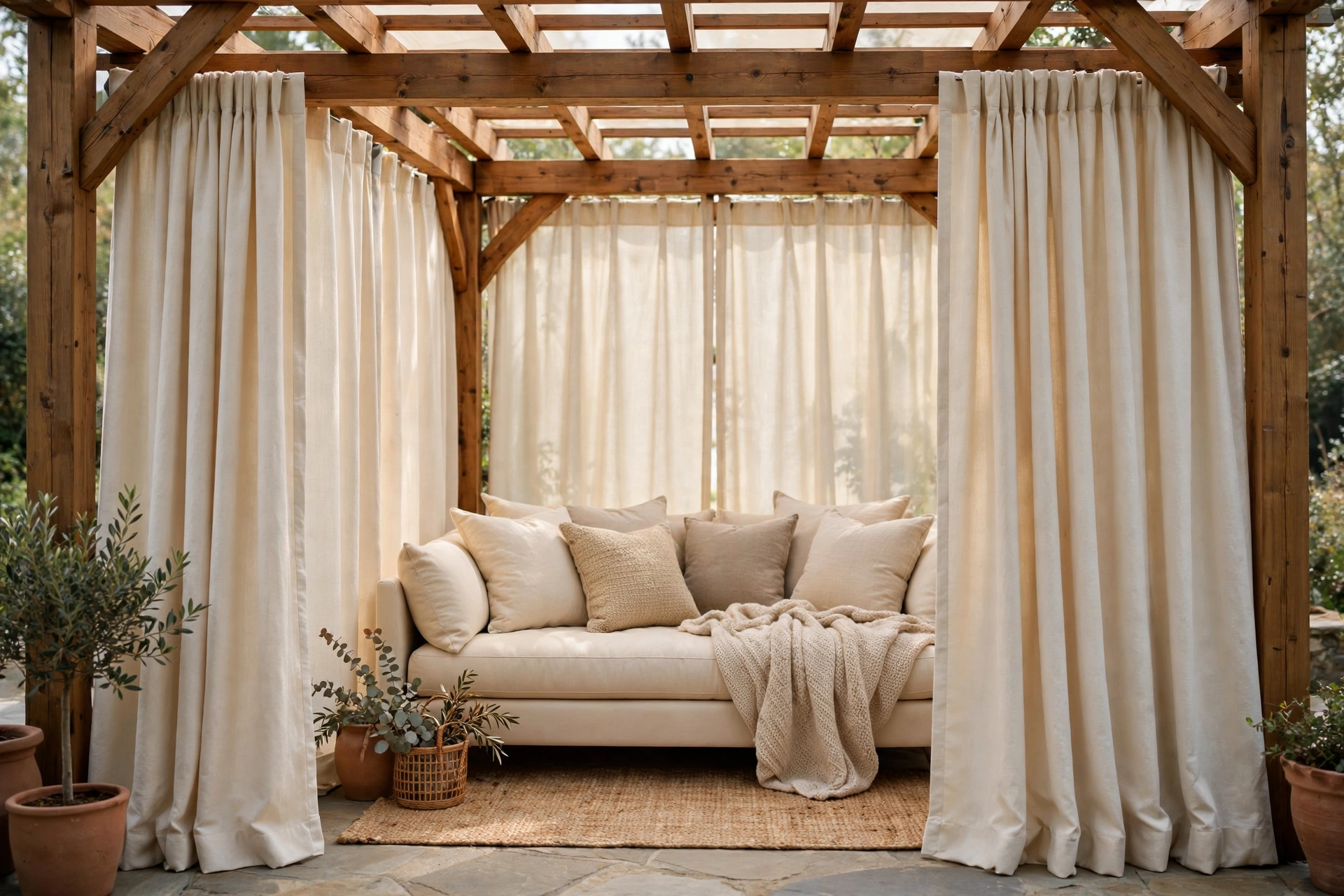 Weatherproof outdoor curtain panels drawn across a patio pergola for privacy