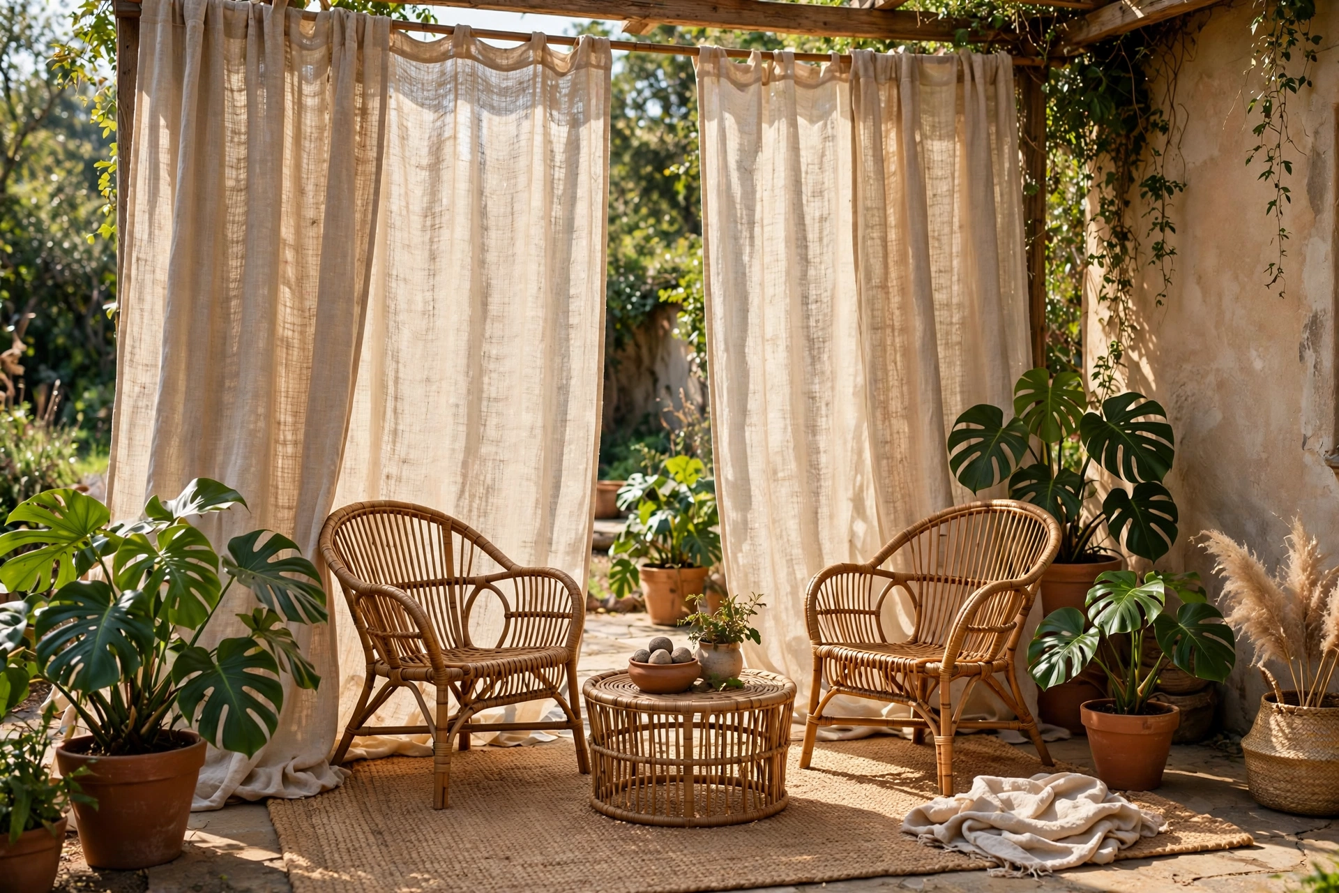 Linen-look beige outdoor patio curtains with rattan chairs and potted plants