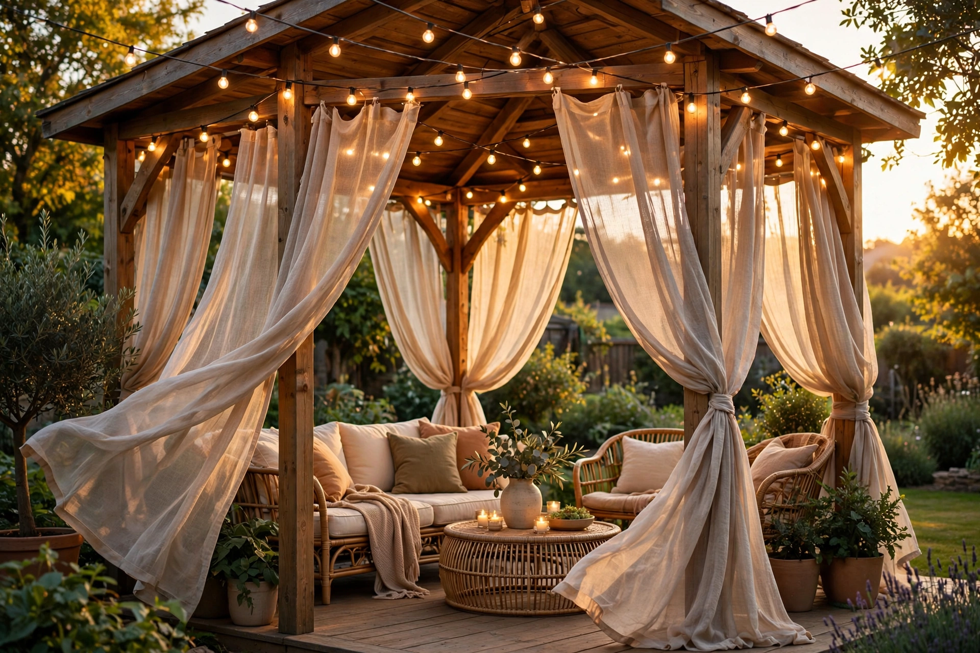 Flowing outdoor patio curtains draped around a backyard gazebo with string lights