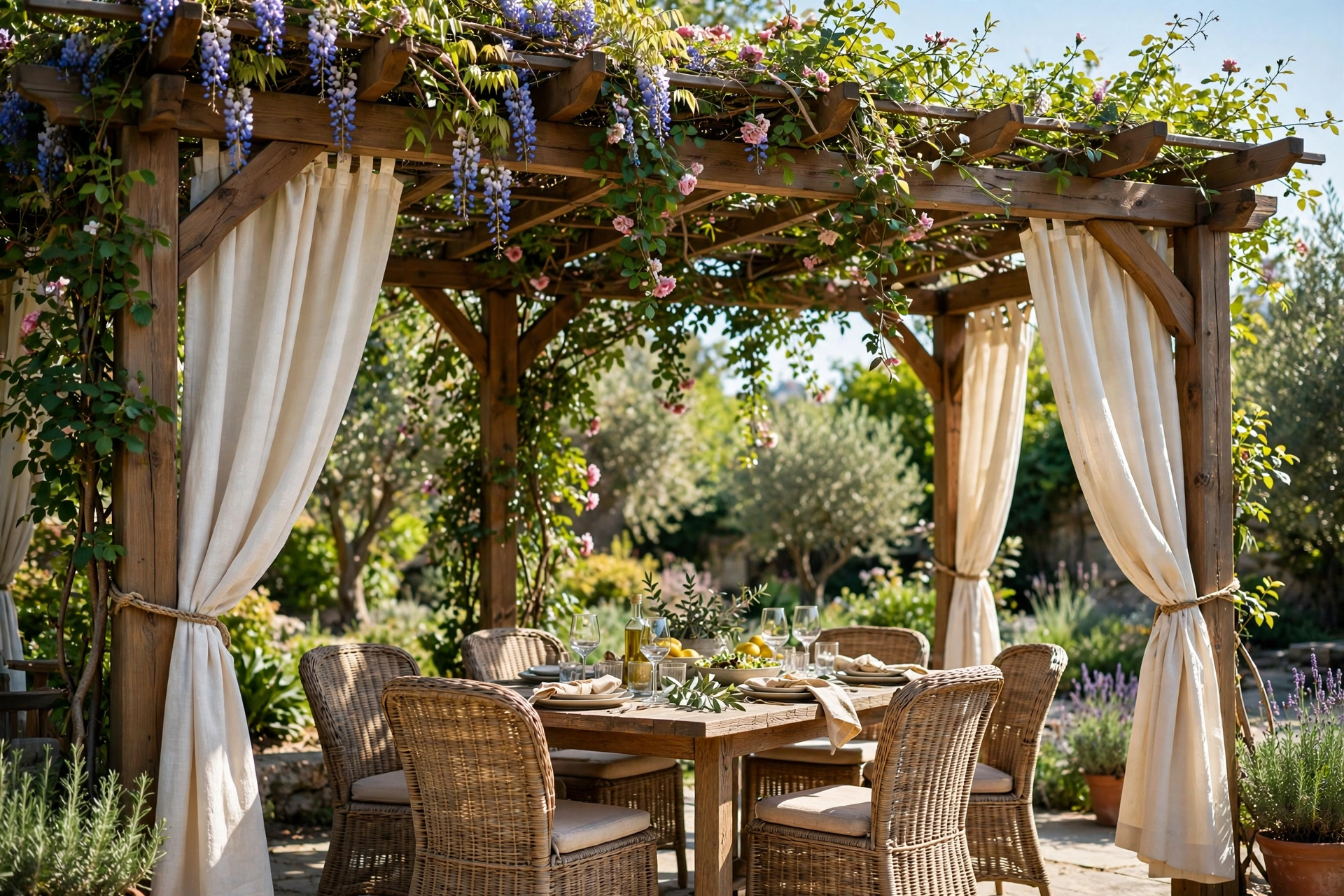 Cream outdoor patio curtains tied back on the posts of a wooden pergola