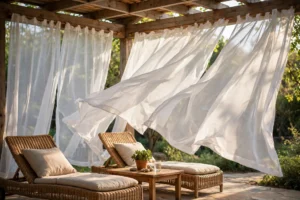 Sheer white outdoor patio curtains billowing softly on a covered patio with wicker furniture