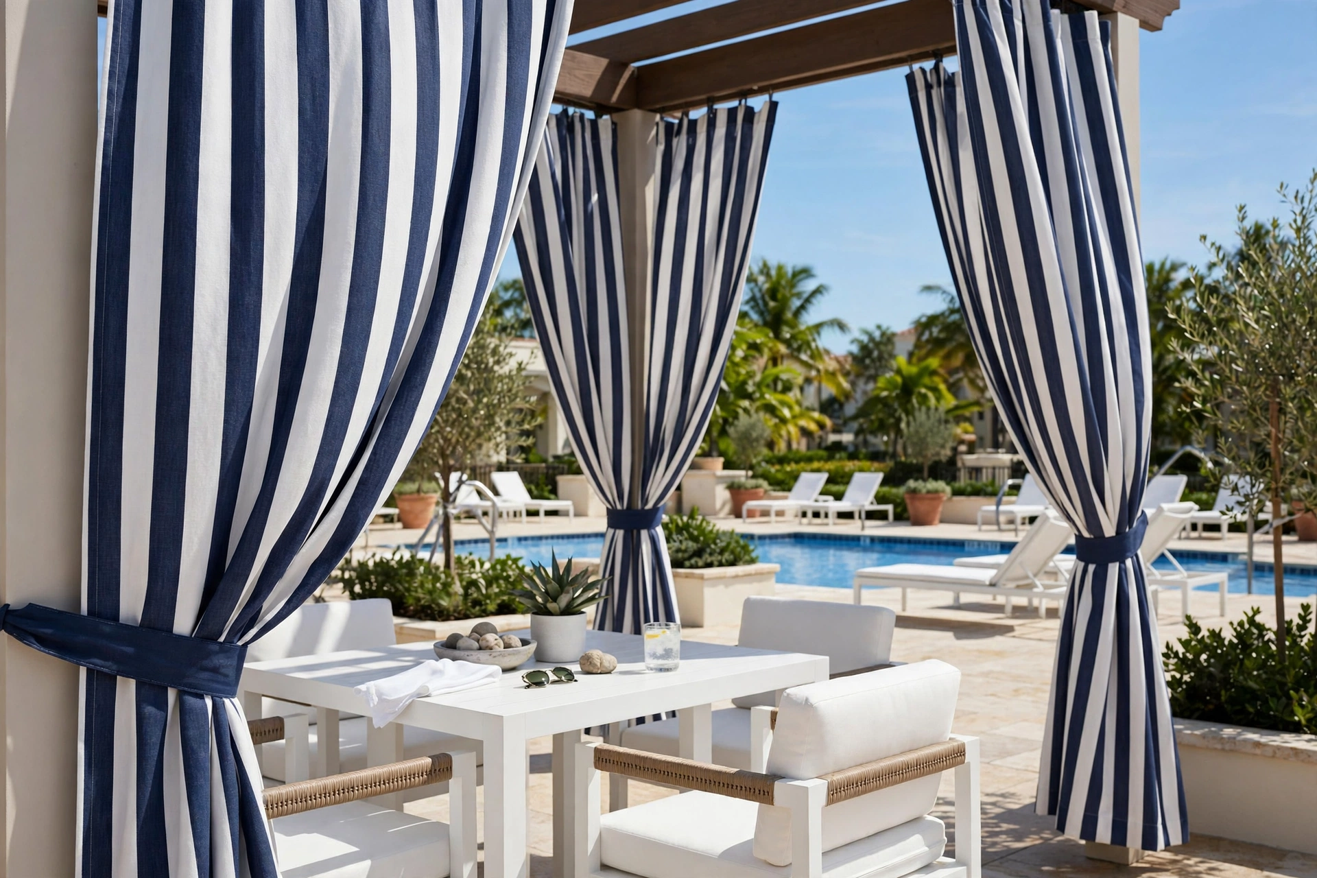 Navy and white striped cabana outdoor patio curtains on a sunny patio