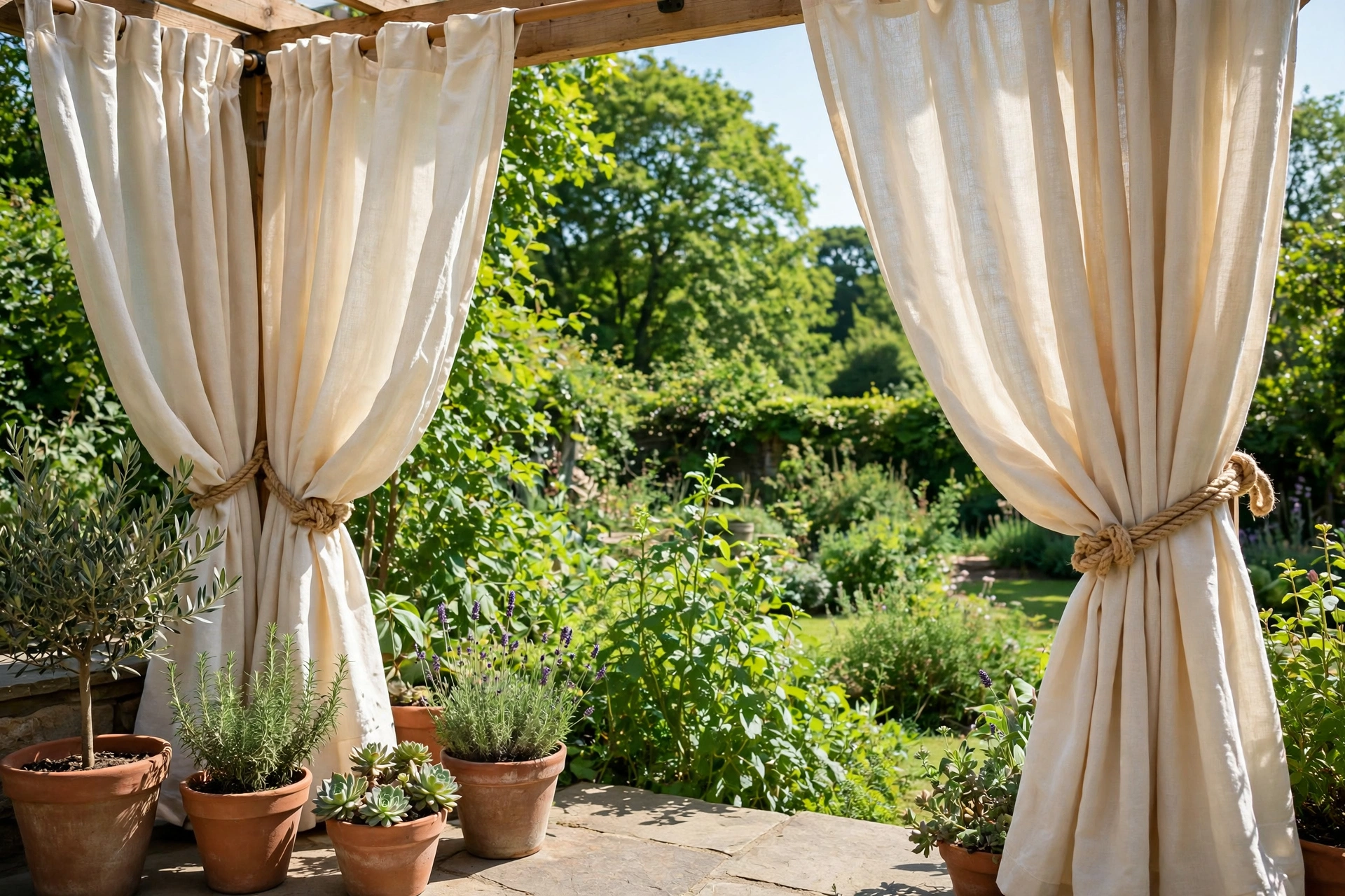Outdoor patio curtains gathered with rope tie-backs framing a garden view