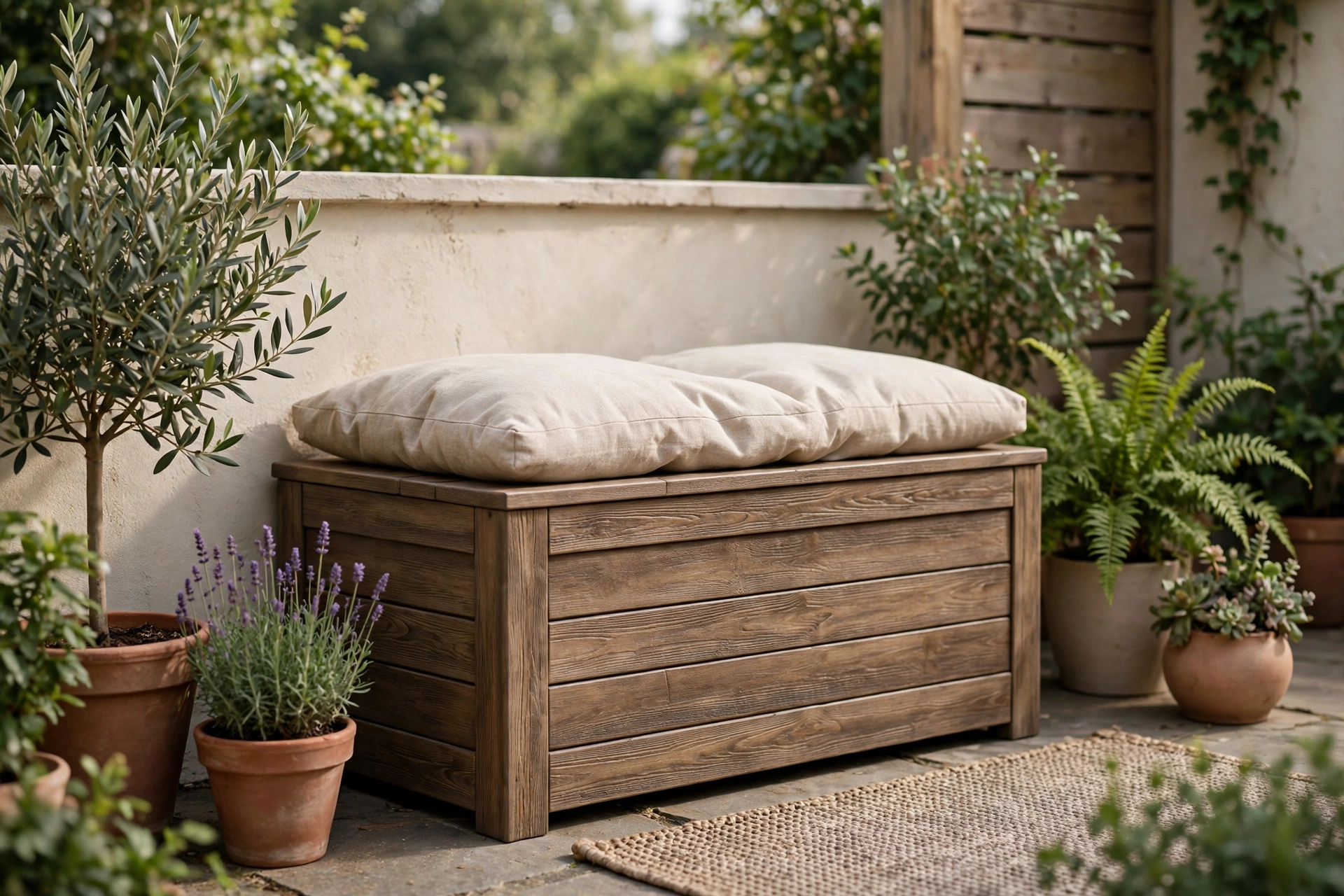 Patio storage ideas outdoor: wood-look resin storage bench with cushion on a small cozy patio