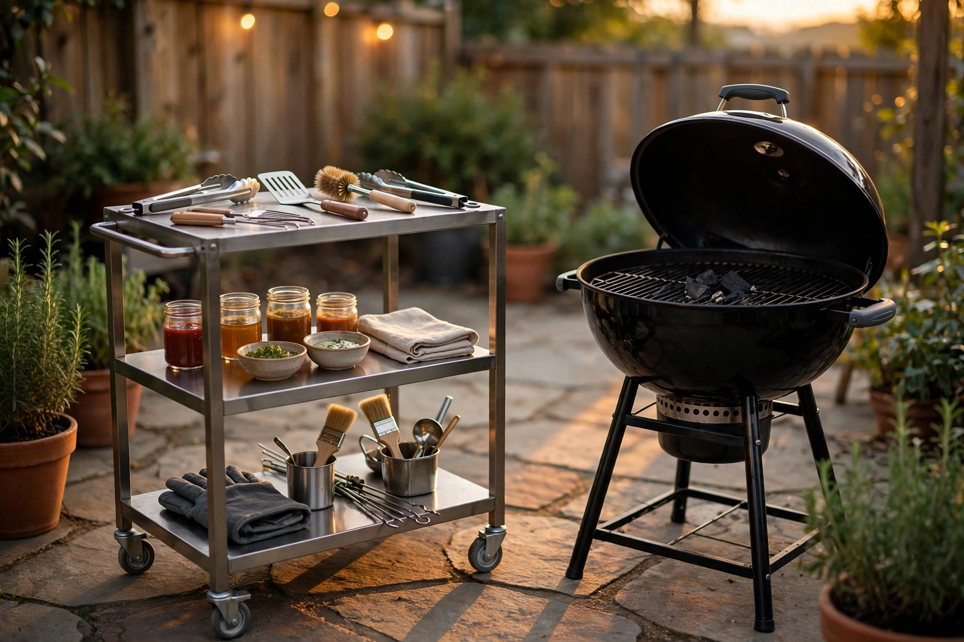 Rolling metal storage cart with grill tools and sauces next to a backyard grill