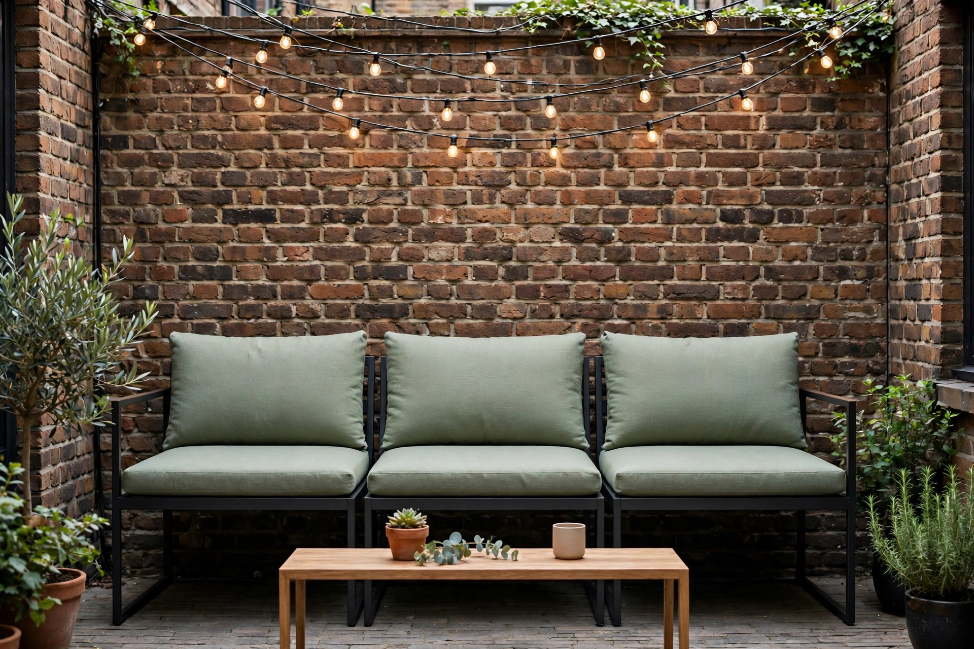 Slim armless outdoor sectional chairs arranged as a bench-style sofa on small patio